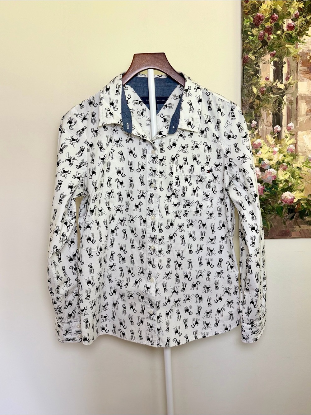 Tommy Hilfiger Terrier Dog Print Button Down Shirt Women’s Medium